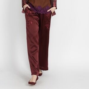 Gold Hawk Burgundy Silk Charmeuse Sophie Embroidery Pant *NWT*. Small